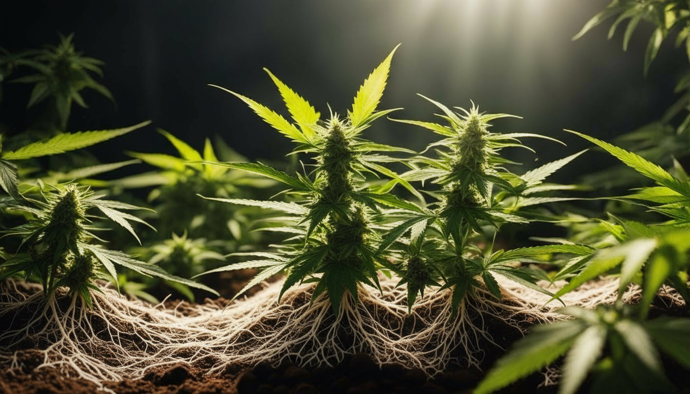 Mycorrhizae colonizing cannabis roots for nutrient uptake