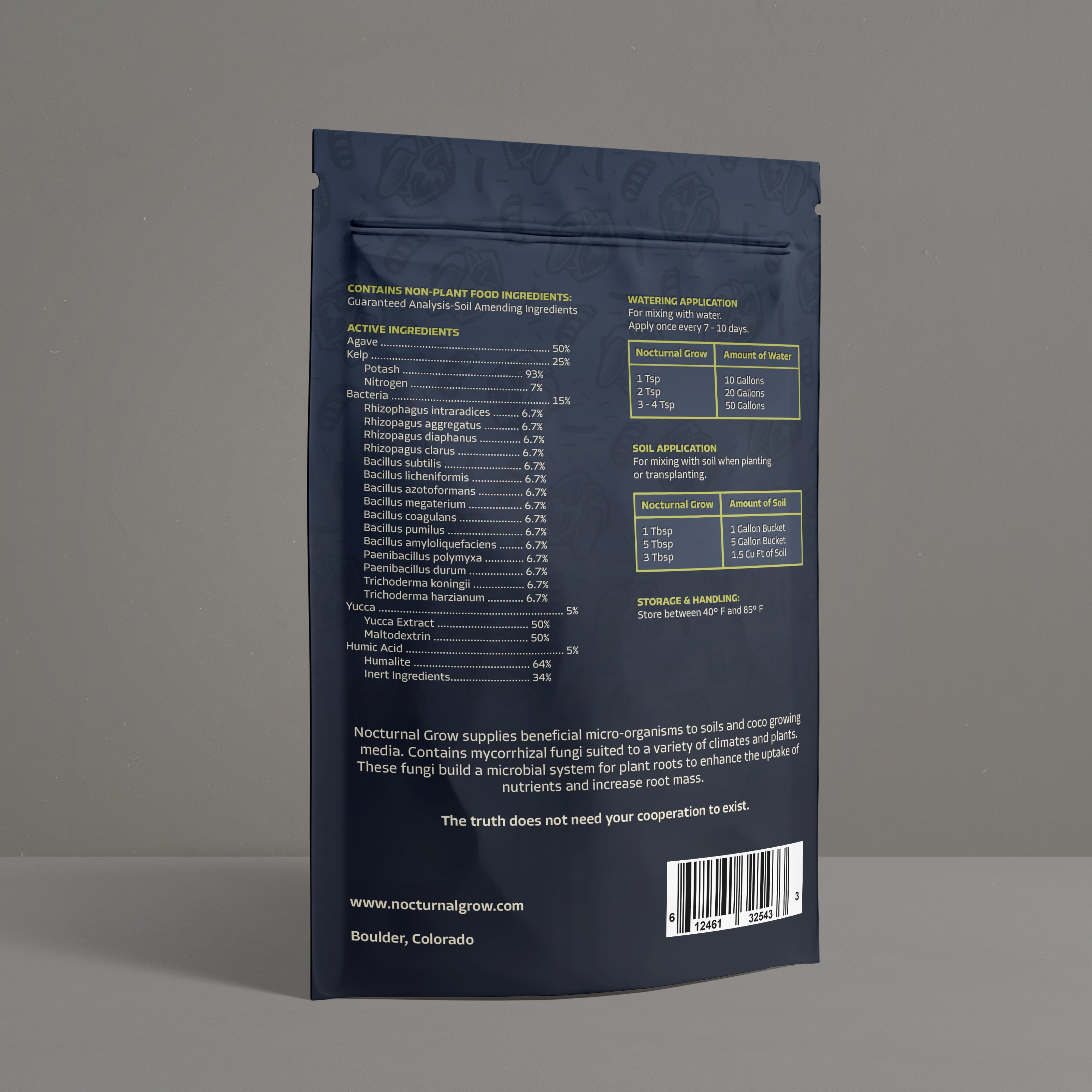 Nocturnal Grow Microbial Booster with Mycorrhizae and beneficial microbes for cannabis root health, Package Active Ingredients